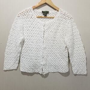 Eddie Bauer Womens Petite Large White Crochet Button Cardigan Linen Cotton